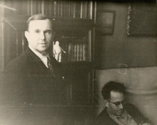 Vasily Grossman, sitting, and Nikolay Mikhailovich (Grossman�s brother-in-law and the model for Ivan Grigoryevich in EVERYTHING FLOWS), standing � mid- or late- 1950s. Thanks to Fyodor Borisovich Guber for allowing reproduction of this previously unpublished photo.